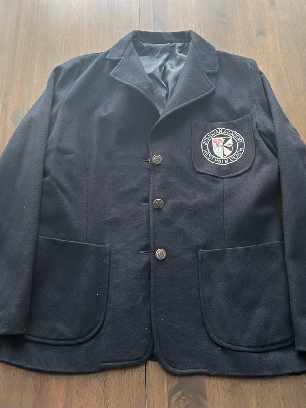 Rosarian Academy Navy Prep School Blazer with Patch Crest (sz L)